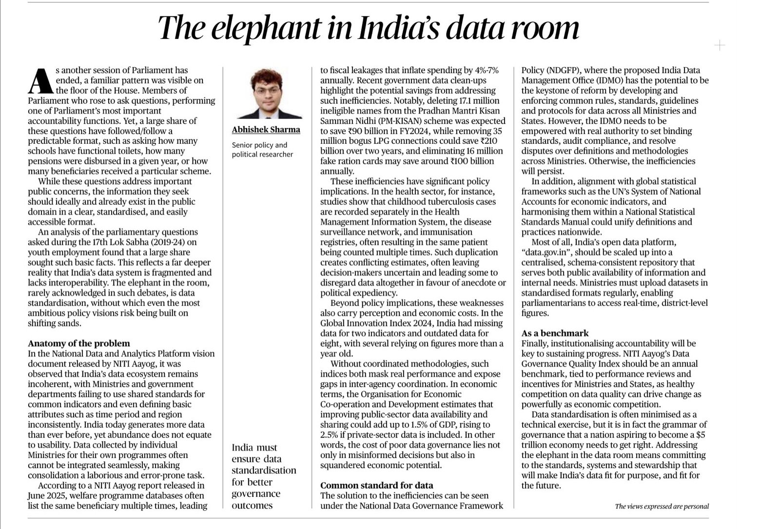 The Hindu article titled The elephant in India's data room