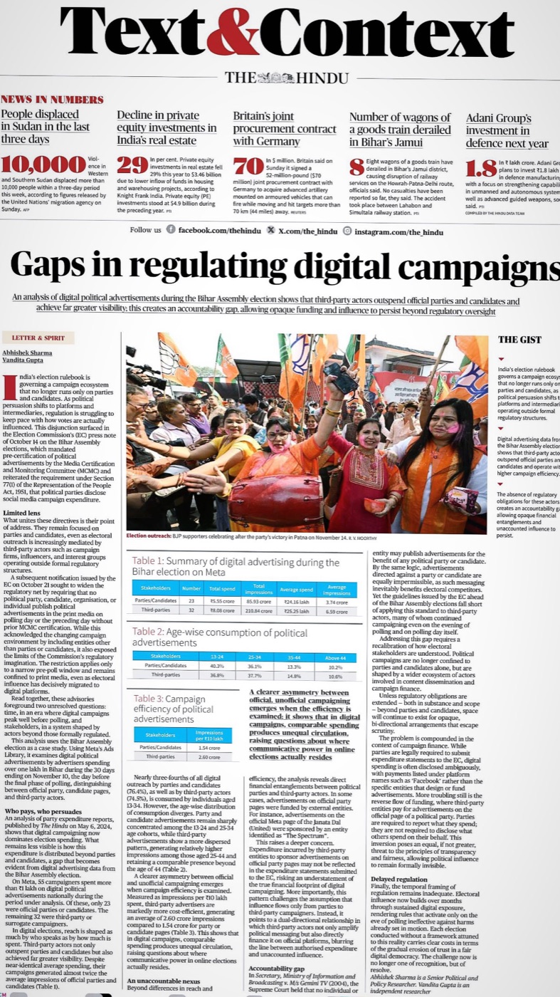 The Hindu article titled Gaps in regulating digital campaigns