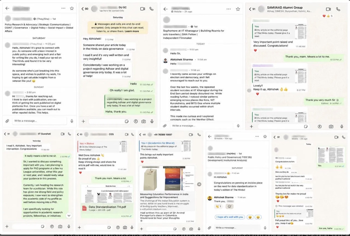 Reader reactions and messages praising Abhishek Sharma's articles